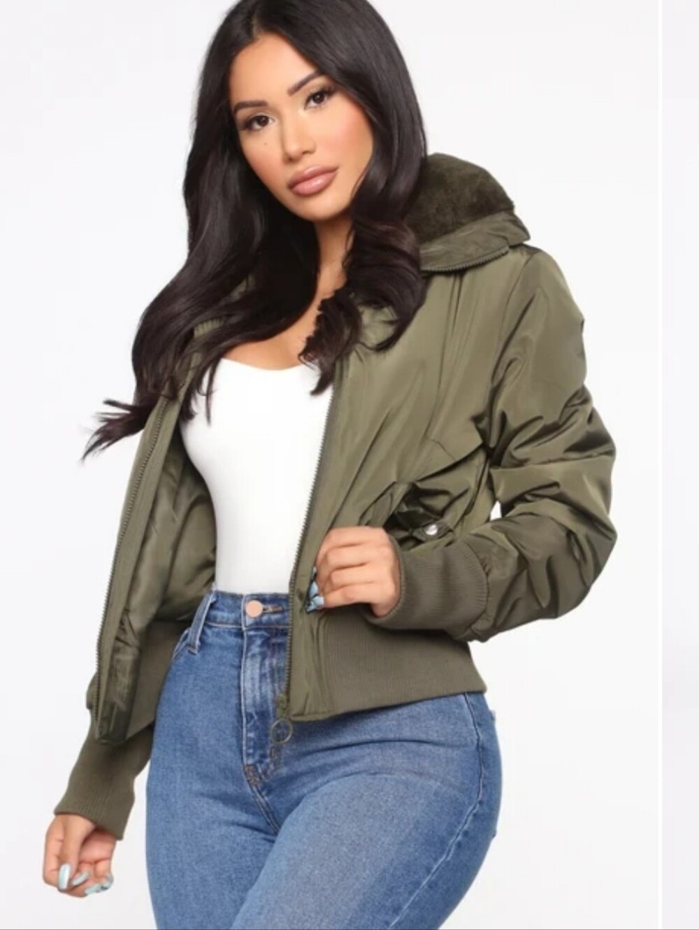 Fashion Nova Women's Nights in Denver Bomber Zip Up Jacket Size L Green NWT